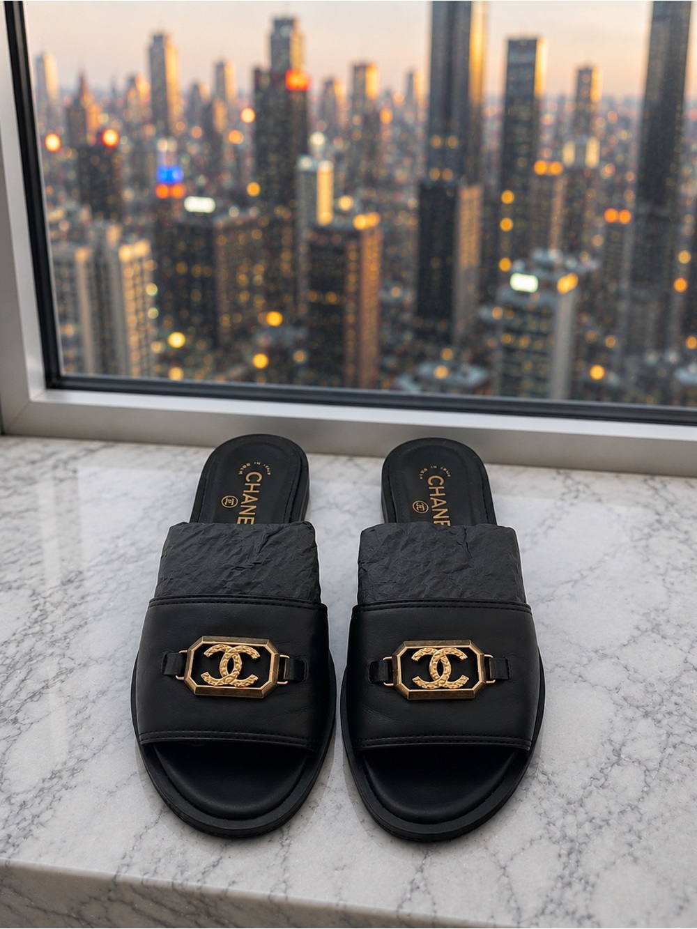 CHANEL 23B Black Shiny Calfskin Gold CC Logo Slide Mules Sandals EU 37
